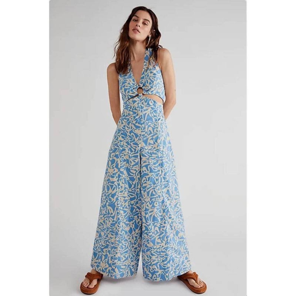 Free People Kira Jumpsuit Blue Wide Leg - Picture 1 of 4